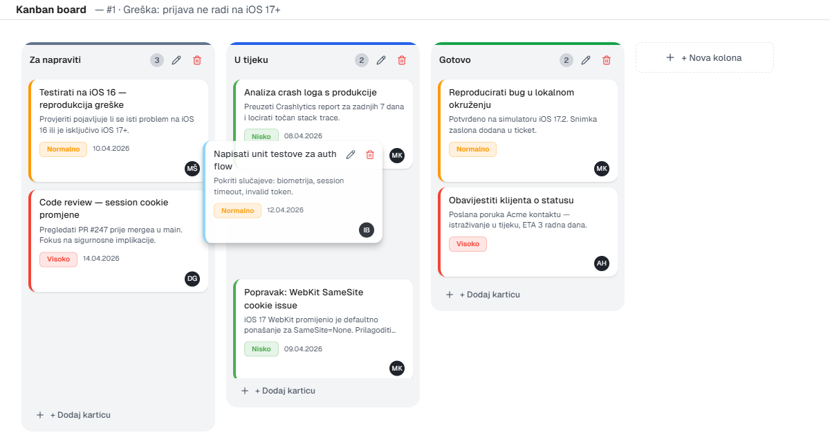 Drag and drop moving a card between columns in UnitLook
